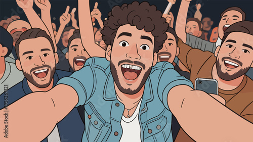 Group of friends enjoying a concert while taking a selfie in a crowd at night with bright lights and smiles all around