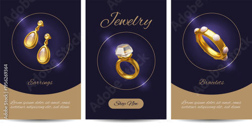 Golden earrings, ring, bracelet with diamonds gemstones, jewelry shop 3D banners design vector set, fashion accessories