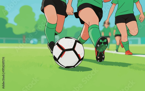 Players practice soccer on a green field during an afternoon training session with a black and white ball rolling on the grass