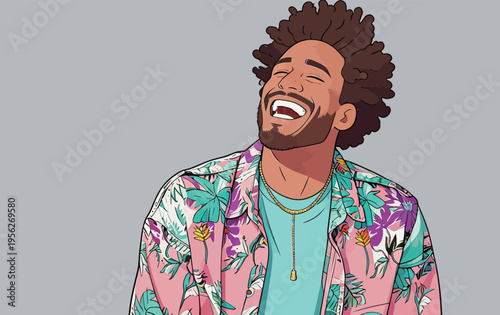 Smiling man wearing colorful shirt with floral patterns in a simple background