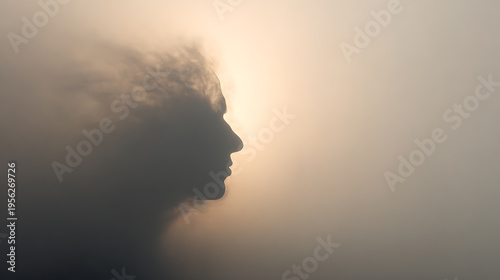 Mental health concept with human face dissolving into soft light and dust, symbolizing emotional fading, stress, anxiety, inner struggle, and gradual recovery, awareness and transformation.