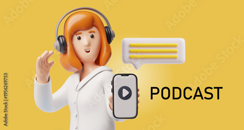 A banner featuring a 3D woman with headphones holding a smartphone with a play icon.