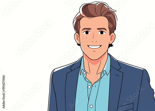 Man in a suit smiling and looking confident in a simple setting while standing with his arms relaxed