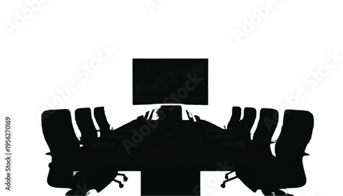 A boardroom table and chairs silhouette represents a corporate meeting or executive decision-making.