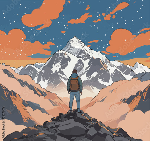 Hiker stands on mountain peak looking at sunset over snow-capped mountain range