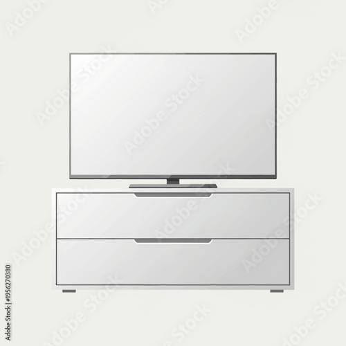 Clean and Modern White Television Cabinet with a Sleek Flat-Screen TV on a Plain Background, Representing Minimalist Home Entertainment Furniture in a Simple Flat Illustration Style