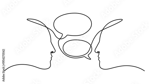 Continuous one line drawing of head with speech bubble. Head man talk with speech bubble outline. Doodle vector illustration
