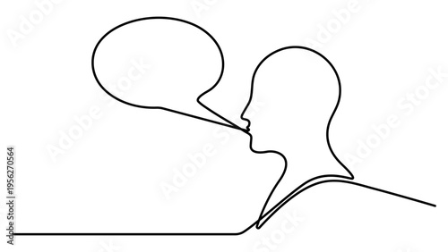Continuous one line drawing of head with speech bubble. Head man talk with speech bubble outline. Doodle vector illustration