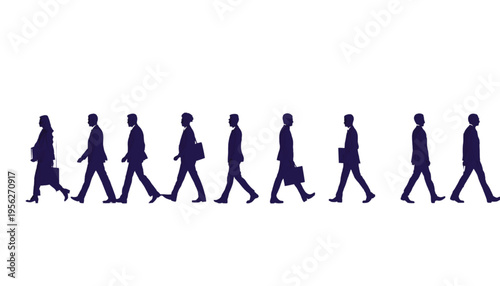 Nine business persons walk in a single file line from left to right showing forward motion and career.