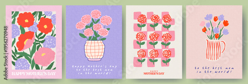 Spring set of cute cards or posters for spring and summer holidays with poppies, pink peonies and hydrangeas, roses and tulips in a vase. Hand drawn Floral art templates for Mothers Day, birthday.