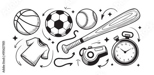 Sport equipment doodle collection. hand drawn set of athletic gear and accessories