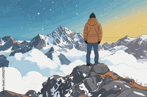 Person stands on mountain peak looking at sunrise over clouds and snowy mountains in distant background on a clear day
