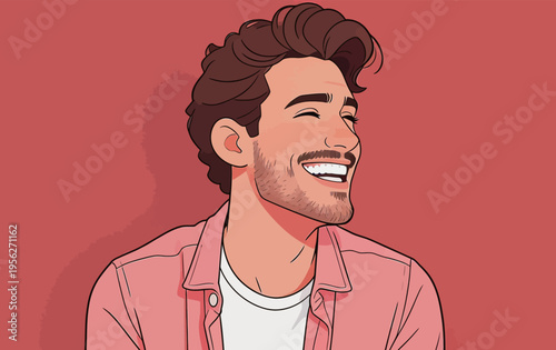 Smiling man wearing pink shirt having fun in a colorful setting with a joyful expression