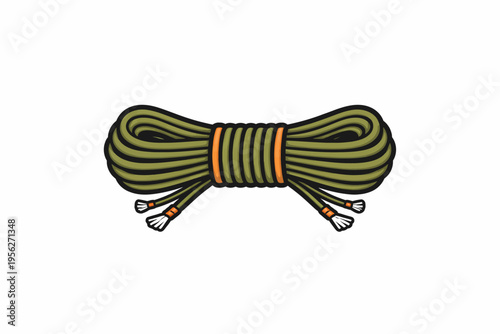 Coiled green rope with orange accents on a white background, perfect for camping or outdoor activities