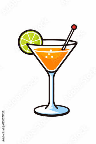 Cartoon illustration of orange cocktail with lime and straw in martini glass on white background for party and drink concepts