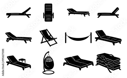 Sun Lounger Silhouette Icon Set, Beach Chairs, Hammock, Pool Furniture, Black Solid Summer Resort Symbols