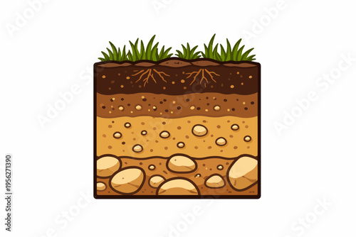 Soil Layers Cross Section with Grass Roots and Rocks Underground Ecosystem