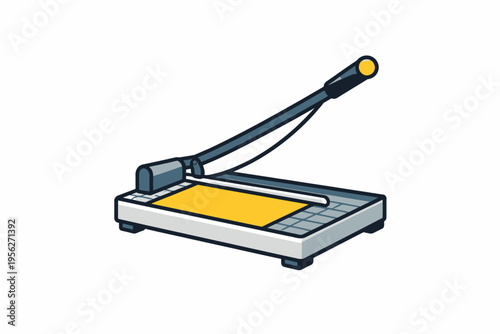 A paper cutter with a yellow sheet of paper on a grid cutting mat, ready for precise cutting in an office or workspace setting.