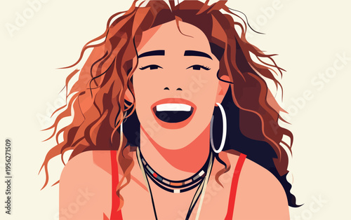Woman with curly hair smiling and wearing jewelry with a bright expression