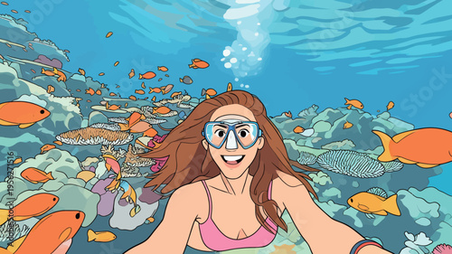 Underwater scene with a person snorkeling among colorful fish and coral reefs during a sunny day