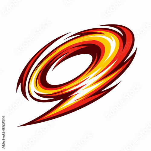Vibrant abstract swirling motion graphic design element with fiery red and yellow hues on white background