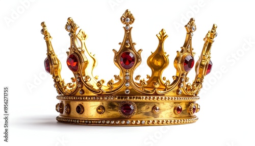A close-up view of a detailed golden crown with red jewels, resting on a white background, suggesting regality