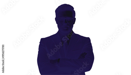 A single male executive wearing a suit stands in shadow with arms crossed against a pure white backdrop.