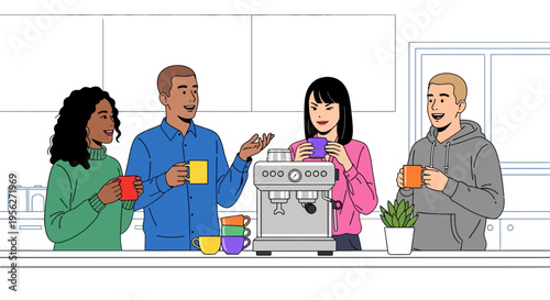 Diverse Colleagues Chatting by Office Espresso Machine
