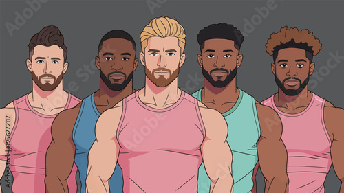 Five men stand together in colorful tank tops for a group portrait