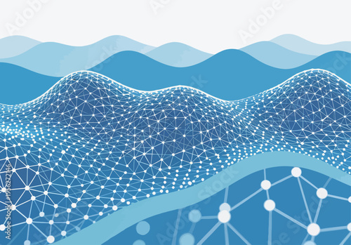 Creative digital design of waves and network lines in blue colors representing data flow and connection in a virtual space