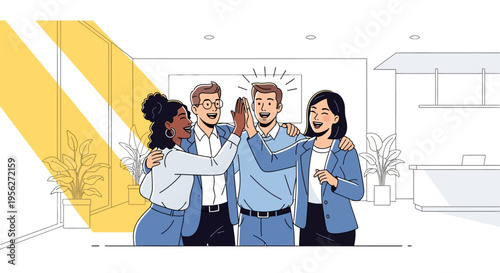 Diverse Team Celebrating in Bright Lobby