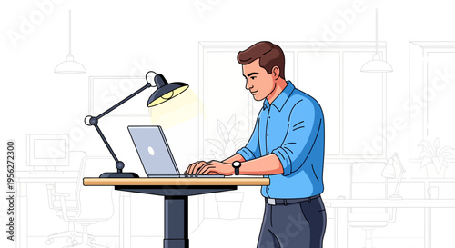 Focused Businessman Working at Standing Desk