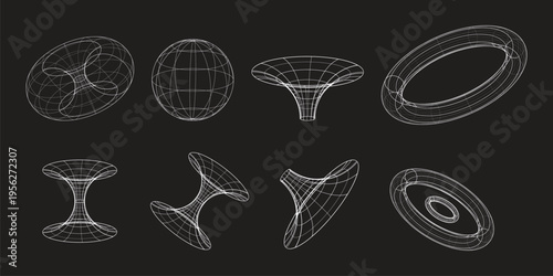 wireframe set, geometric shapes, 3d grid mesh, futuristic flow elements, white line art, abstract digital forms, mathematical design, Y2K design elements, cyberpunk
