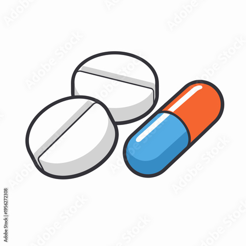 Colorful cartoon-style illustration of pills and capsules on white background for health and medicine concepts