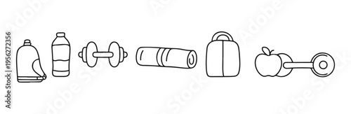Gym equipment hand drawn icons set including water bottle dumbbell yoga mat and sports bag