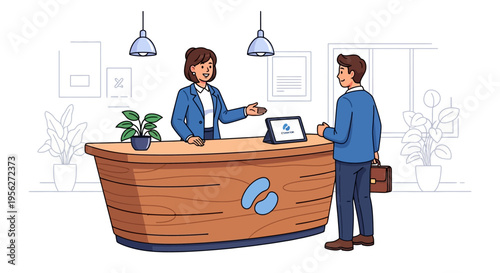 Friendly Receptionist Welcoming Visitor at Desk