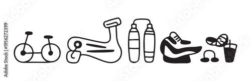 Assortment of simple line art icons related to cycling exercise footwear and hydration items