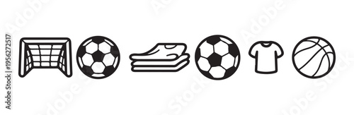 Soccer equipment icons including balls goal post and folded clothes vector line art style