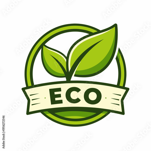 Eco friendly logo with green leaves and banner on white background for sustainable and environmentally conscious concepts