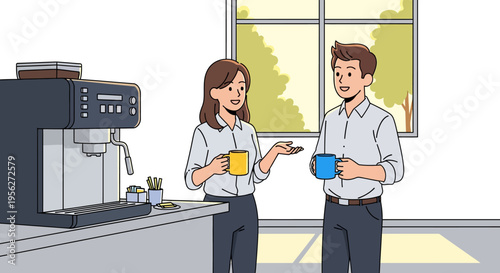 Young Employees Talking Near Coffee Maker