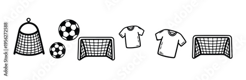 Football equipment icons set featuring soccer balls goal post net and jersey vector design