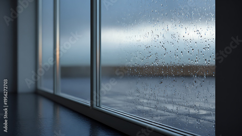 Aesthetic of rain on large modern window panes, capturing droplets and a blurred exterior view, evoking a serene and introspective mood
