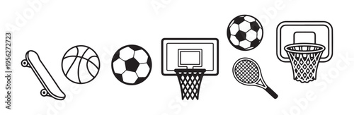 Mixed sports gear including skateboard basketball soccer ball hoop and racket icons
