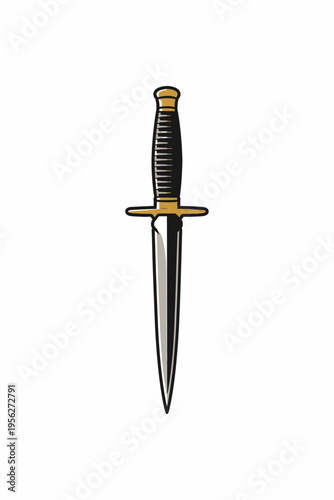 a cartoon illustration of a dagger with a black handle and gold accents on a white background