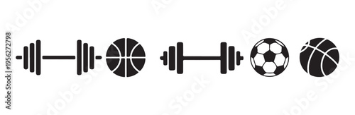 Gym fitness equipment icons featuring barbells soccer ball and basketball for workout set