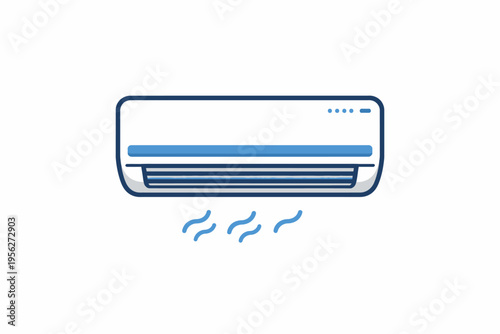 Modern air conditioner unit with blue lines and green power indicator on white background with wavy lines representing cool air flow