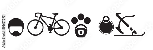 Assortment of outdoor recreation and extreme sport gear icons like bicycle helmet and snow equipment