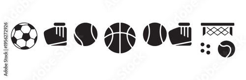 Group of various sport balls and goal equipment icons for team games like football basketball and tennis
