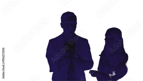 Two business figures in deep indigo silhouette converse while holding documents on a bright white surface.