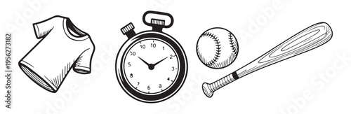 Set of four black and white hand drawn sketch icons representing clothing stopwatch ball and baseball bat